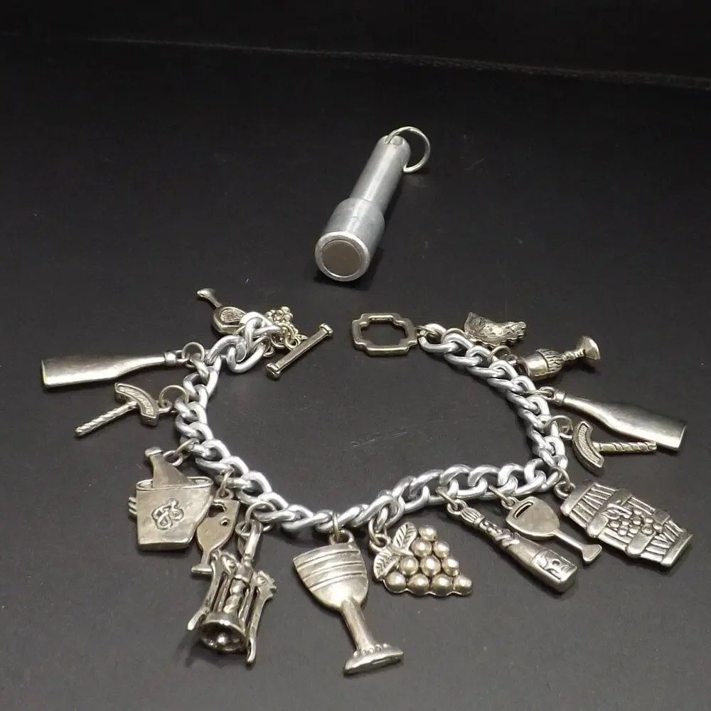 Vintage Wine Lovers Charm Bracelet, Sixteen Wine Related Charms